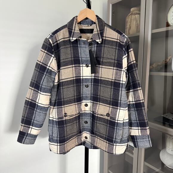 Jenni Kayne Shearling Lined Farmhouse Navy Plaid Jacket M NEW Wool Tan Coat - Picture 2 of 7